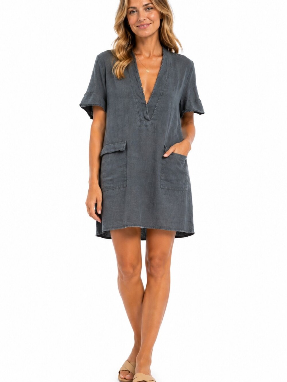 Womens Bella Amore Blue 100% Linen MINI Dress Pockets Size Medium Loose Fit